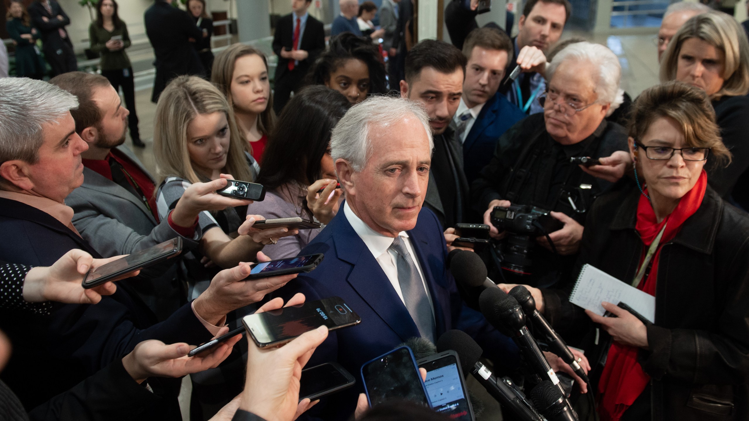 U.S. Senator Bob Corker, Republican of Tennessee, speaks to the media on Dec. 4, 2018 following a briefing from CIA Director Gina Haspel on the killing of journalist Jamal Khashoggi. (Credit: Saul Loeb/AFP/Getty Images)