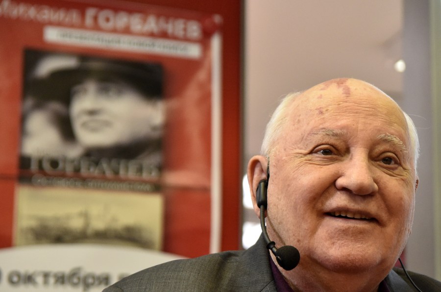 Former head of the USSR Mikhail Gorbachev speaks during the presentation of his book "I Remain an Optimist" at a book store in Moscow on Oct. 10, 2017. (Credit: VASILY MAXIMOV/AFP/Getty Images)