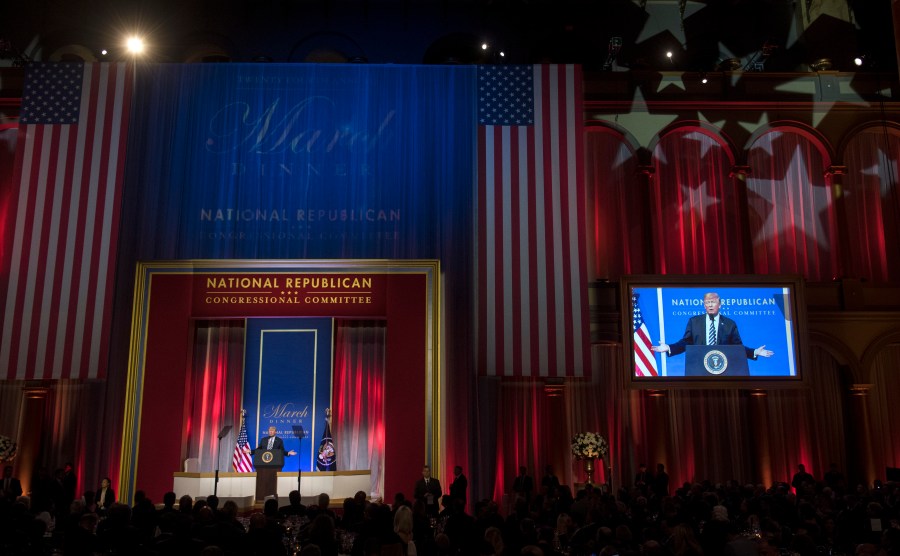 Donald Trump delivers remarks at the National Republican Congressional Committee at the National Building Museum on March 20, 2018 in Washington, D.C. (Credit: Kevin Dietsch-Pool/Getty Images)