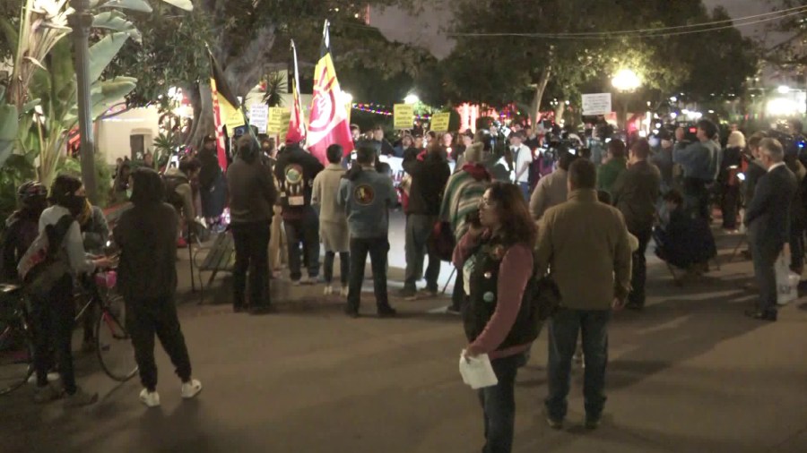 Dozens gathered for a vigil in remembrance of Jakelin Caal, the 7-year-old girl who died in Border Patrol custody, in downtown Los Angeles on Dec. 17, 2018. (Credit: KTLA)