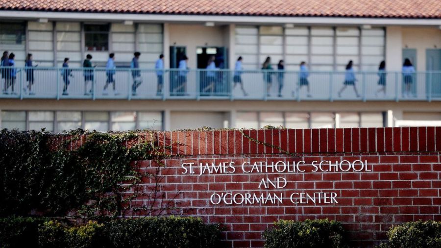 The exterior of St. James Catholic School in Torrance is seen in an undated photo. (Credit: Luis Sinco / Los Angeles Times)