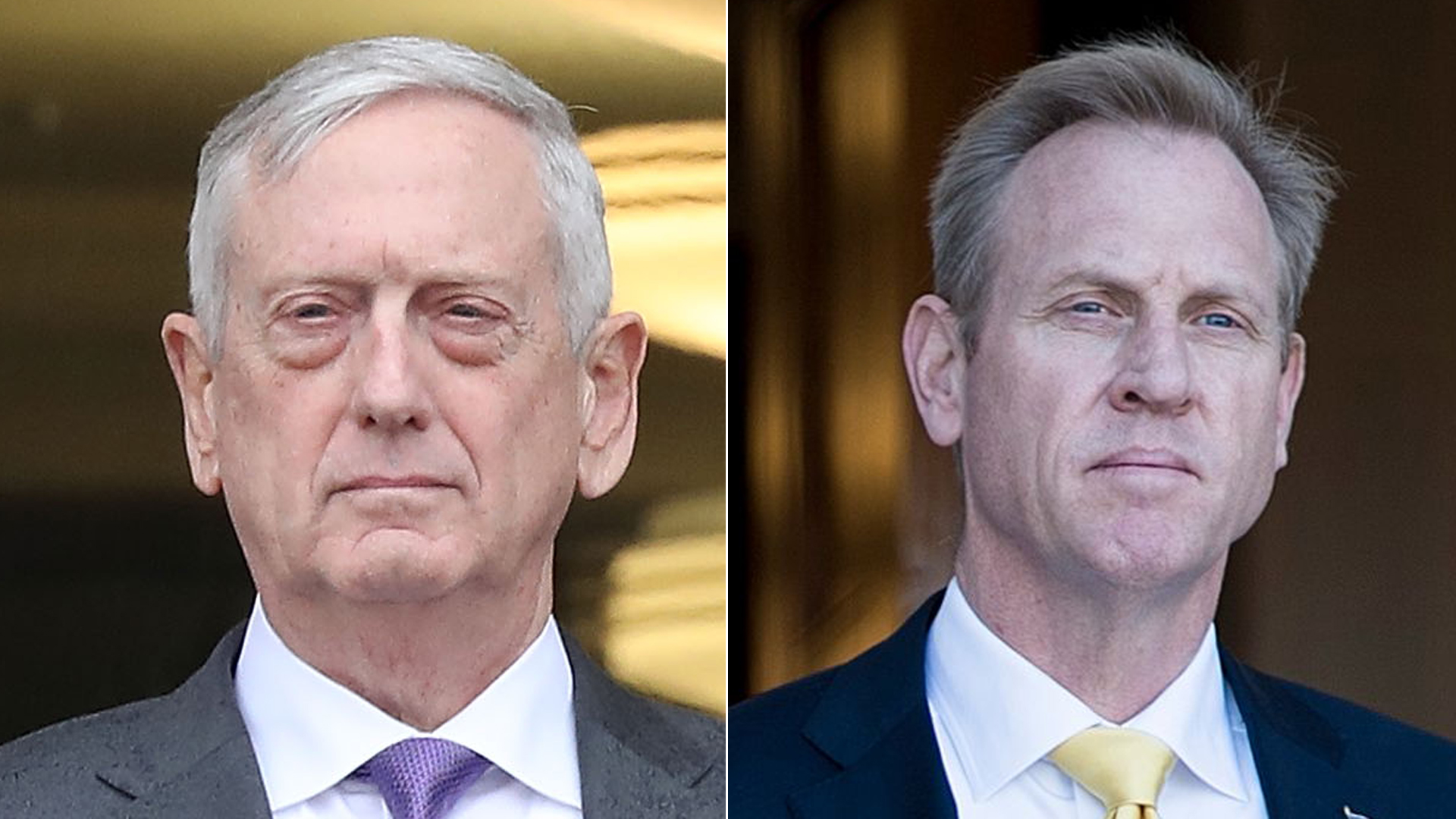 Jim Mattis, left, appears at the Pentagon on Nov. 9, 2018 in Arlington, Virginia. Patrick Shanahan, right, listens to the National Anthem outside the Pentagon on Nov. 20, 2017.(Credit: Mark Wilson / Staff/BRENDAN SMIALOWSKI/AFP/Getty Images)