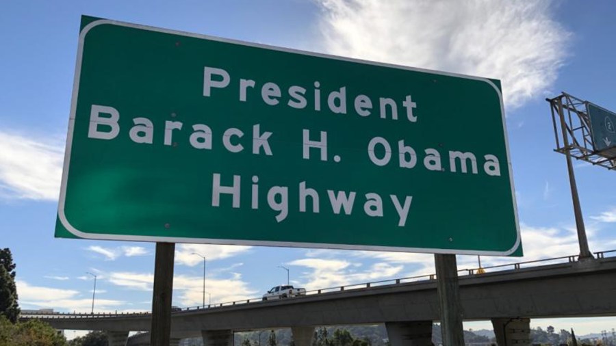 A newly installed sign renaming a portion of the 134 Freeway after Barack Obama in a photo posted to Sen. Anthony J. Portantino's website on Dec. 20, 2018.