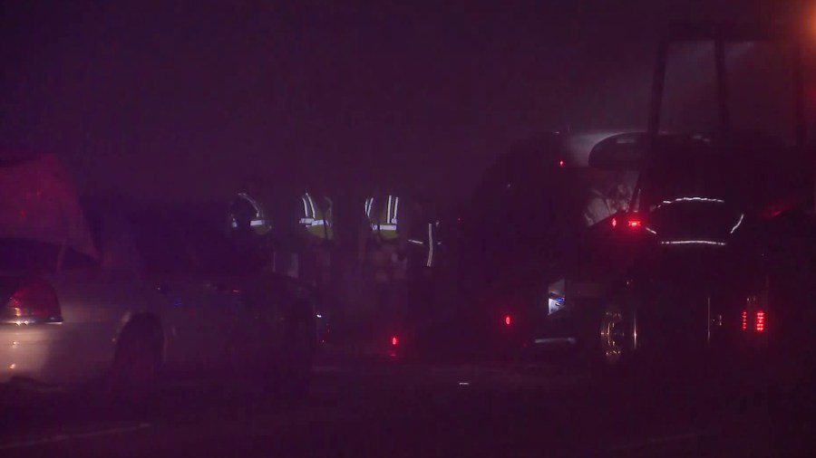 Officials respond to the eastbound 10 Freeway in West Covina after a fatal crash on Dec. 24, 2018. (Credit: KTLA)