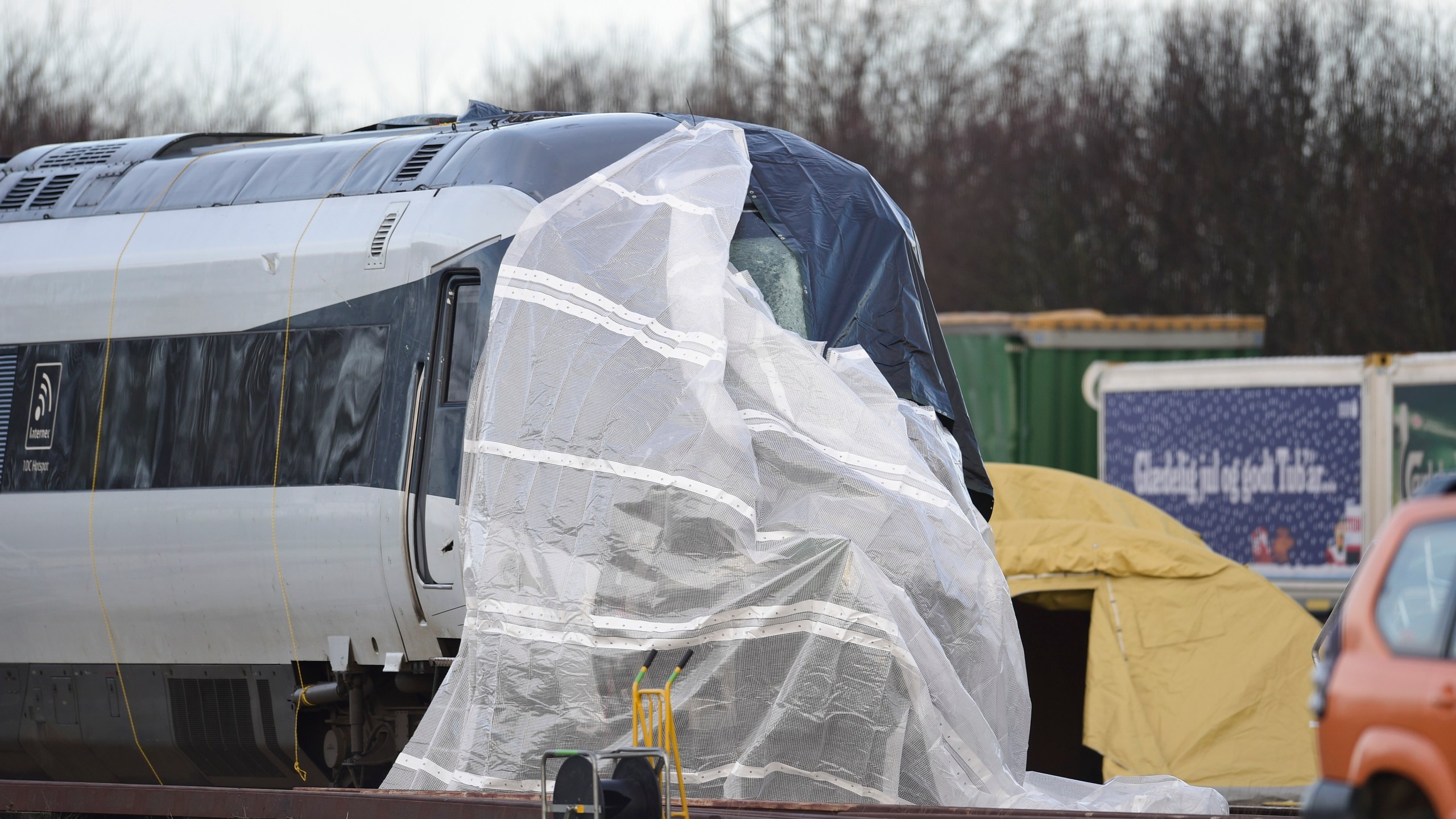 The damaged passenger train is pictured in Nyborg on Funen island on January 3, 2019, one day after a railway accident on the Great Belt Bridge. (Credit: MADS CLAUS RASMUSSEN/AFP/Getty Images)