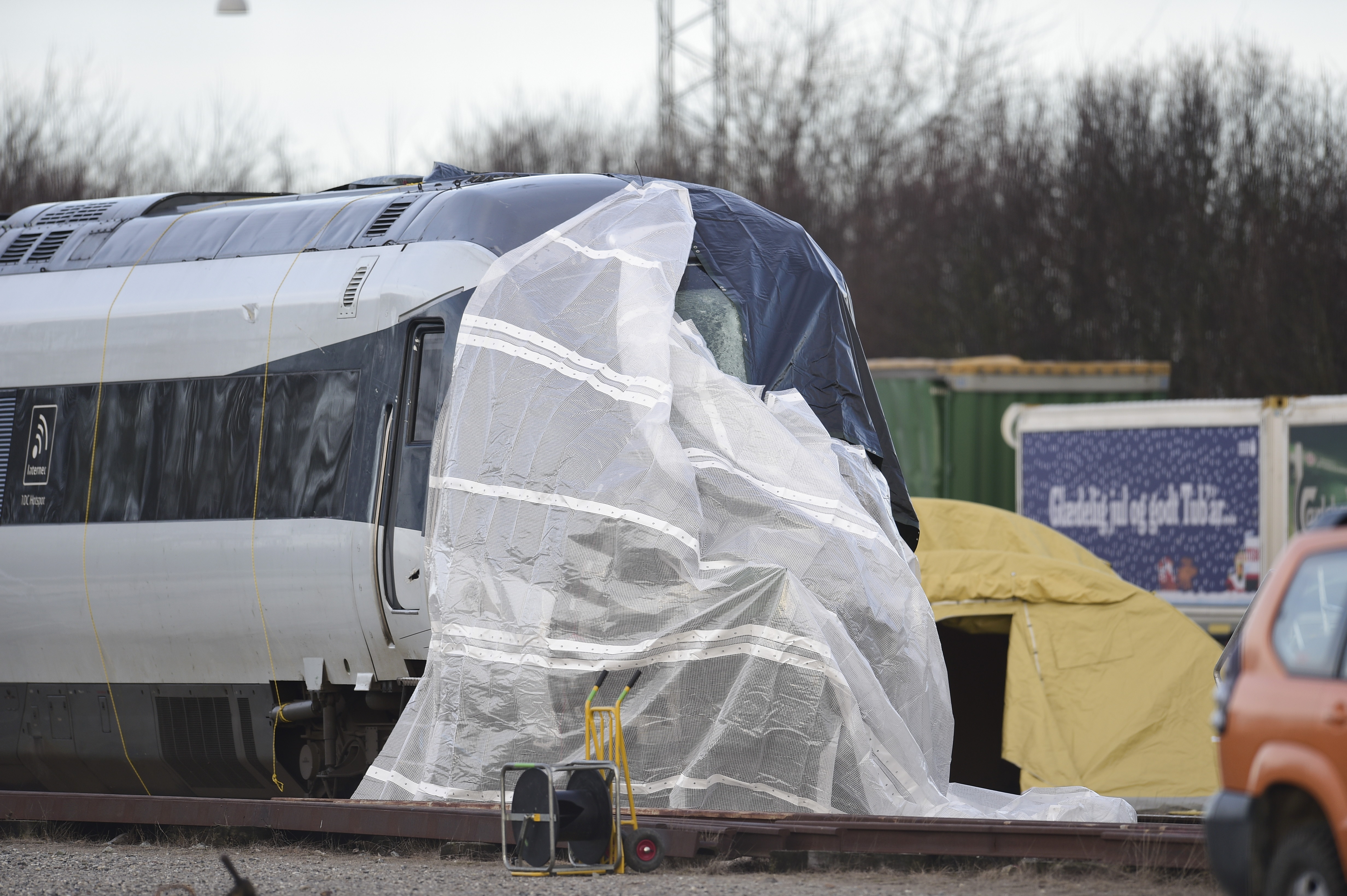 The damaged passenger train is pictured in Nyborg on Funen island on January 3, 2019, one day after a railway accident on the Great Belt Bridge. (Credit: MADS CLAUS RASMUSSEN/AFP/Getty Images)