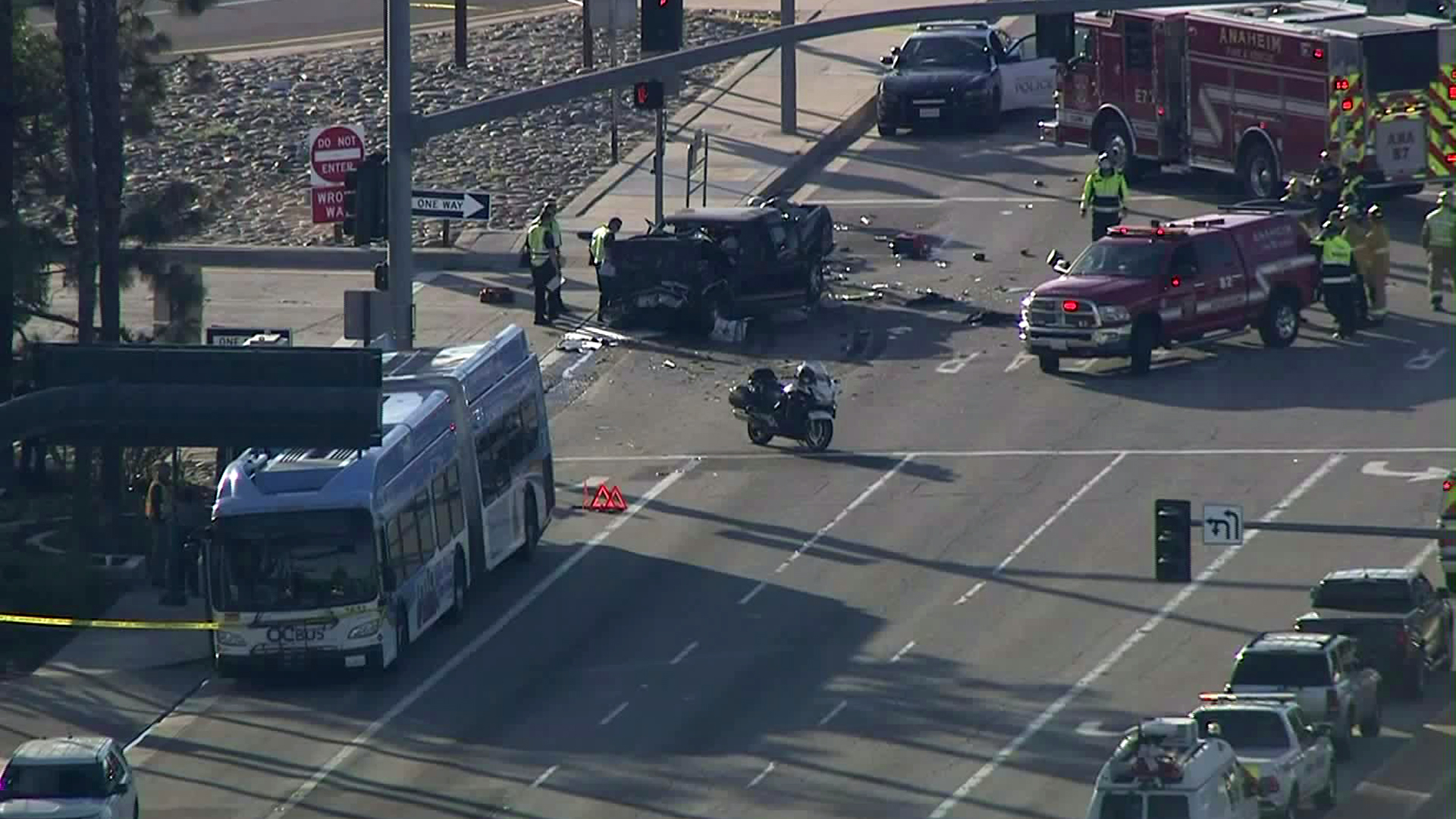 Several passengers were injured when a transit bus collided with another vehicle in Anaheim on Jan. 24, 2019. (Credit: KTLA)