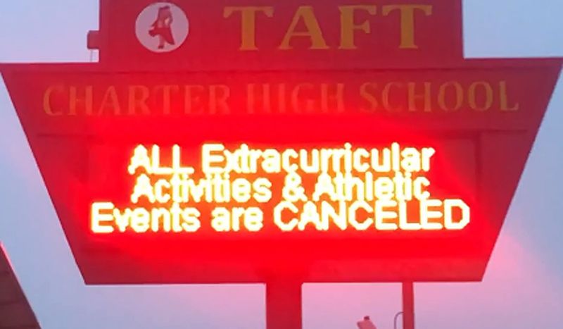 A flashing sign on the Taft High School marquee indicated all athletic activities were canceled on Jan. 14, 2019 amid a LAUSD teachers strike. (Credit: Eric Sondheimer/ Los Angeles Times)