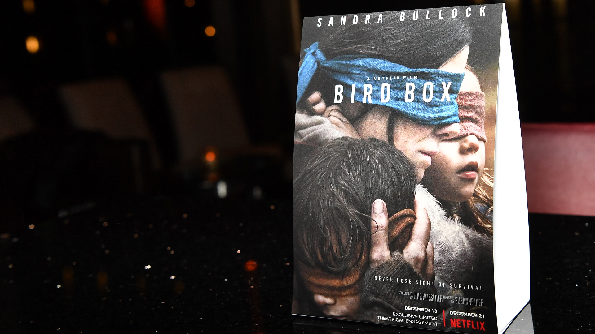 A view of an ad for "Bird Box" is seen at a screening in Atlanta at Cinebistro Town Brookhaven on Dec. 19, 2018. (Credit: Paras Griffin/Getty Images for Netflix)