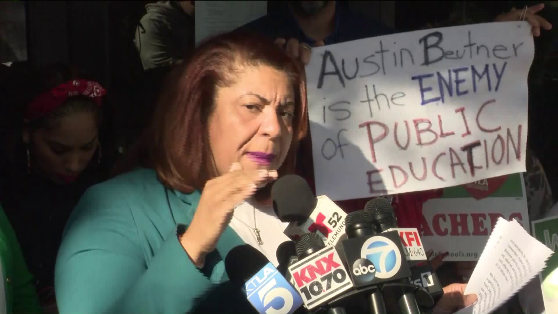 UTLA Vice President Cecily Myart-Cruz speaks about a possible teacher strike in front of LAUSD headquarters on Jan. 9, 2019. The sign behind her refers to the school district's superintendent. (Credit: KTLA)