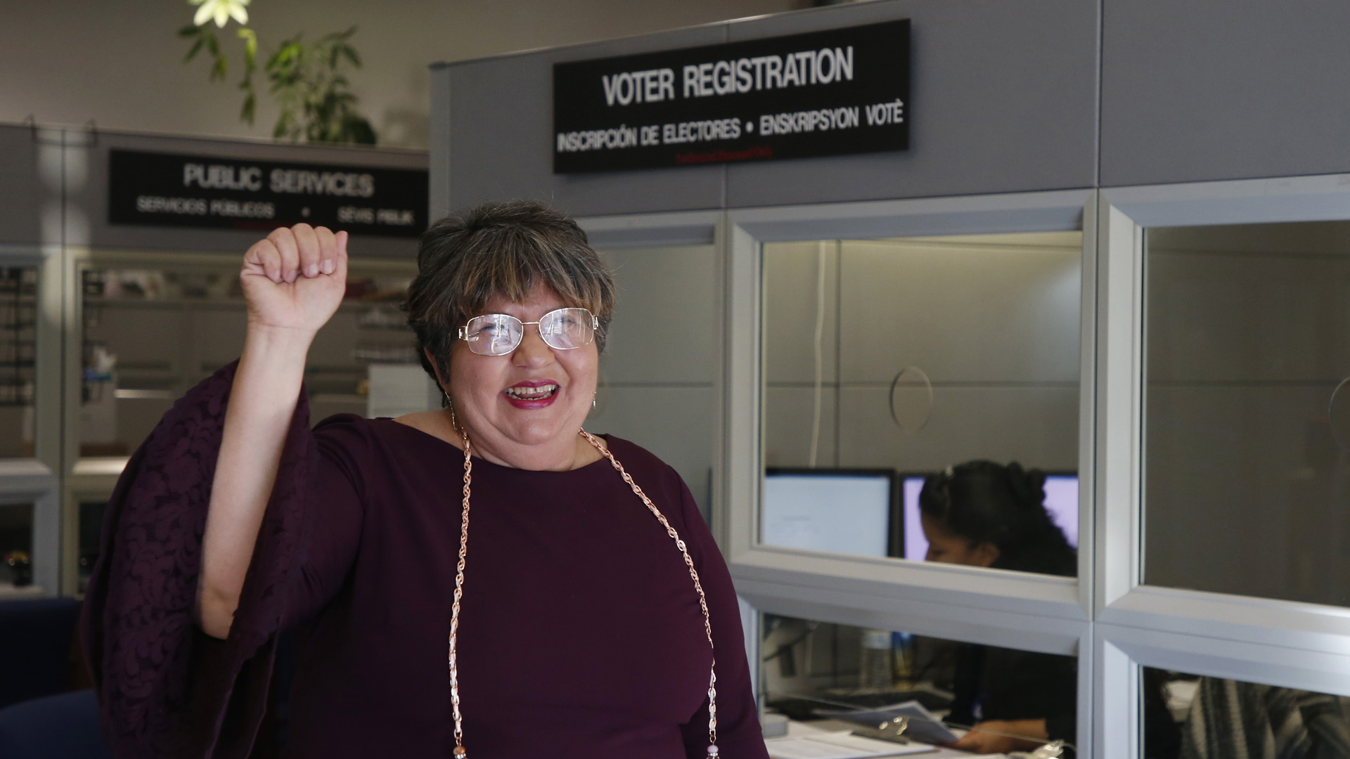 Convicted felon Yraida Guanipa reacts after she registered to vote at the Miami-Dade County Elections Department office in Miami, Florida on January 8, 2019. (Credit: RHONA WISE/AFP/Getty Images)