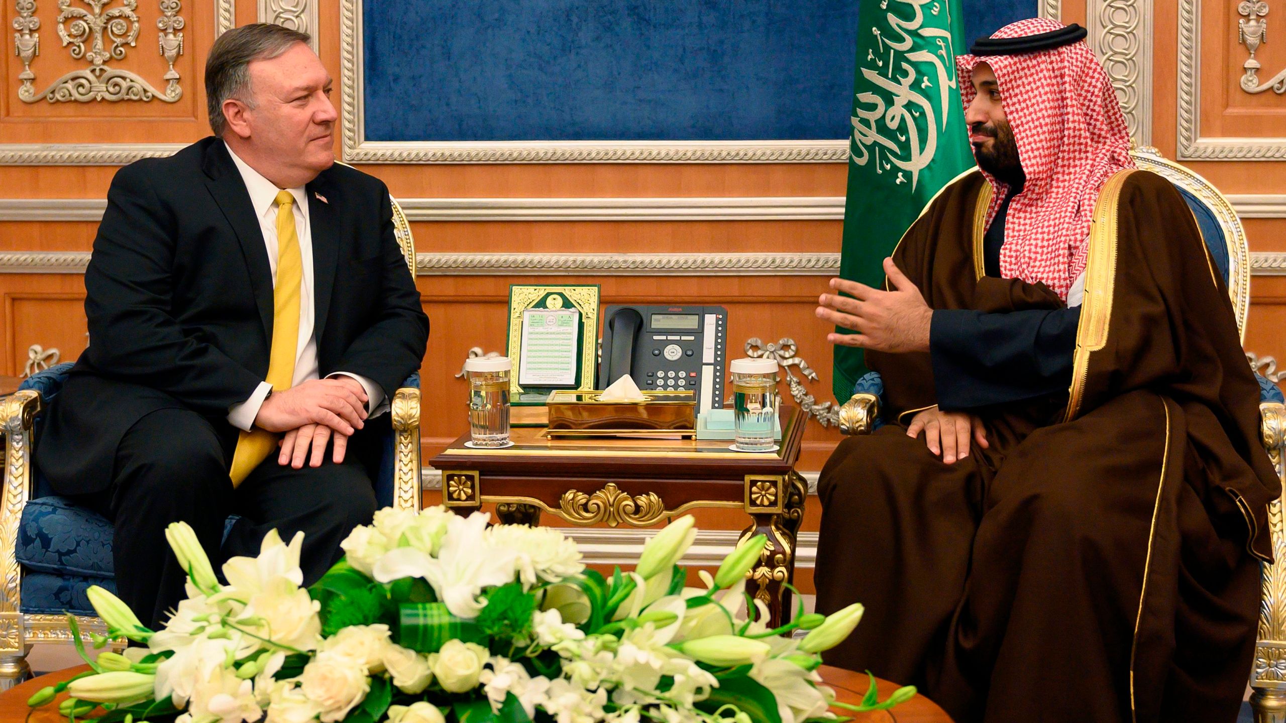 US Secretary of State Mike Pompeo (L) meets with Saudi Crown Price Mohammed bin Salman at the Royal Court in Riyadh on January 14, 2019. (Credit: ANDREW CABALLERO-REYNOLDS/AFP/Getty Images)