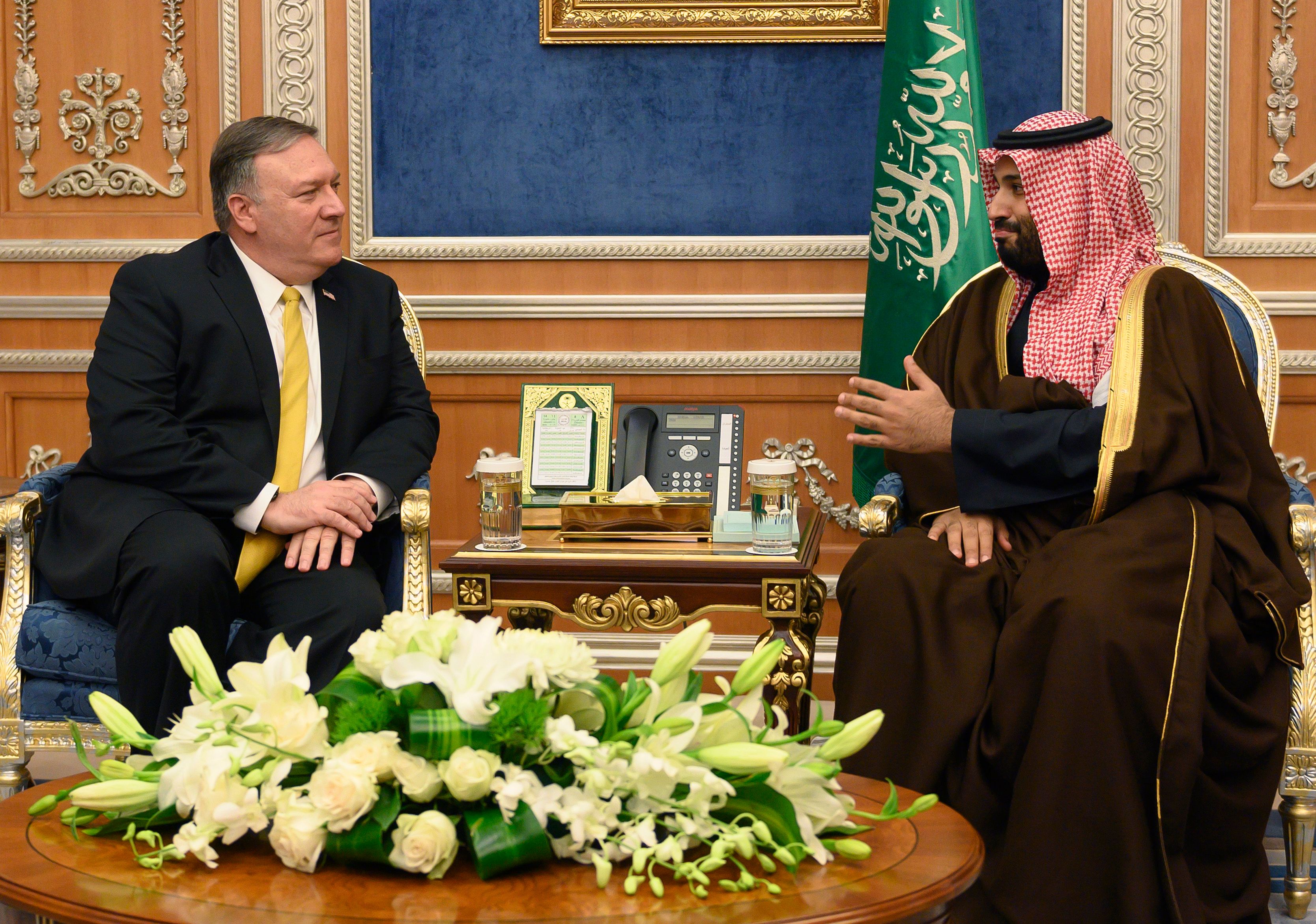 US Secretary of State Mike Pompeo (L) meets with Saudi Crown Price Mohammed bin Salman at the Royal Court in Riyadh on January 14, 2019. (Credit: ANDREW CABALLERO-REYNOLDS/AFP/Getty Images)