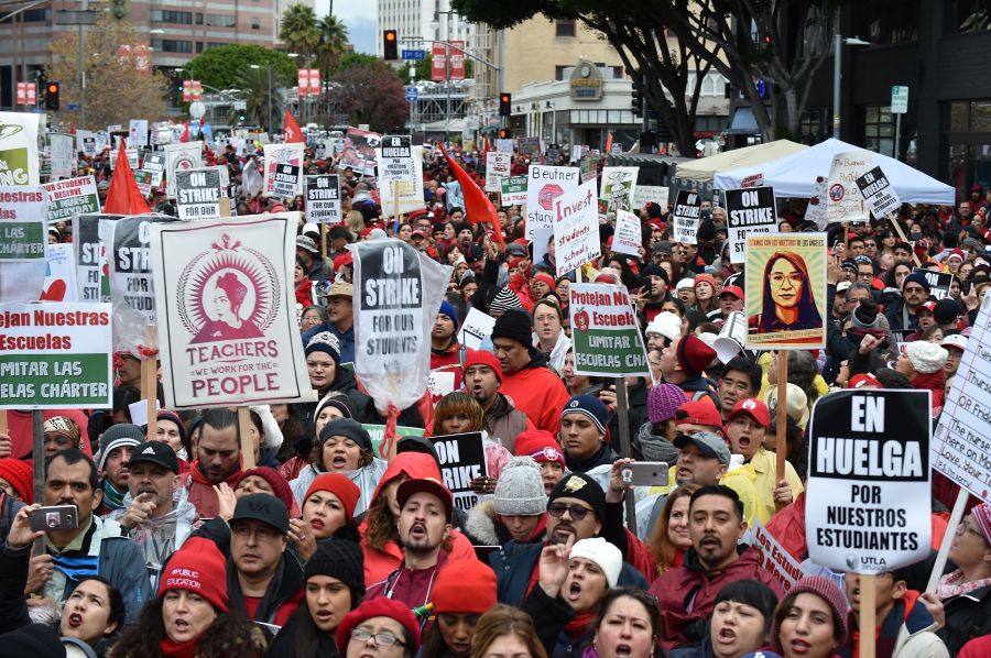 Striking teachers and their supporters rally in downtown Los Angeles, on the second day of the teachers strike, on Jan. 15, 2019. (Credit: Robyn Beck/AFP/Getty Images)