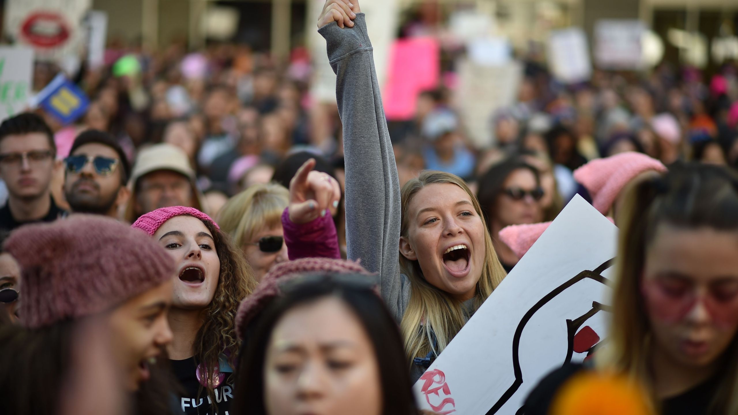 Protestors shout during the third annual Women's March in downtown Los Angeles on Jan. 19, 2019. (Credit: ROBYN BECK/AFP/Getty Images)