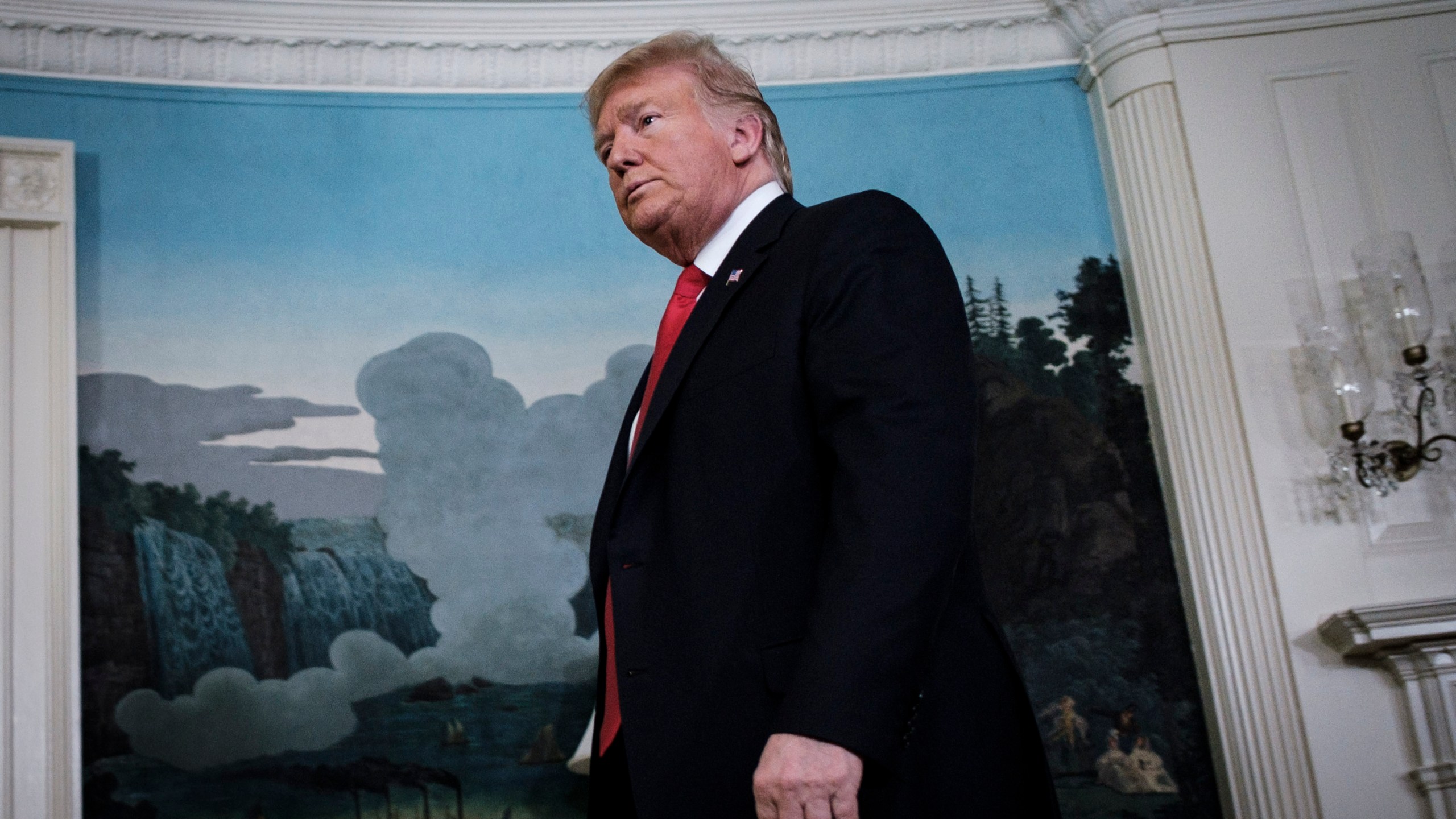 Trump exits the Diplomatic Reception Room at the White House on Jan. 19, 2019 in Washington, D.C. (Credit: Pete Marovich/Getty Images)