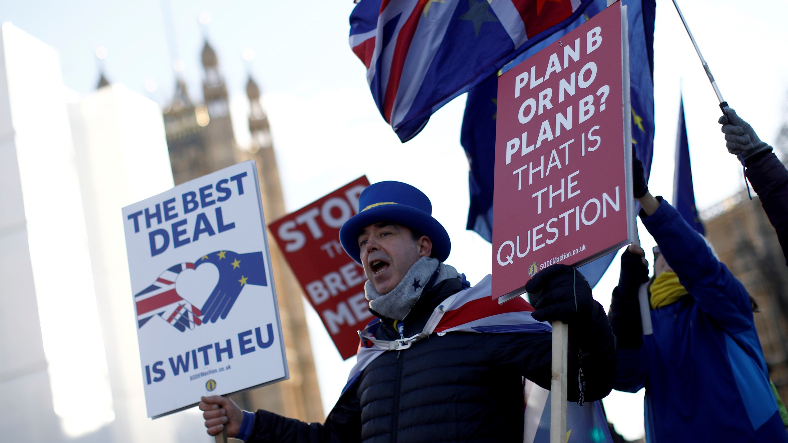 Anti-Brexit campaigner Steve Bray holds placards as he demonstrates near the Houses of Parliament in central London on Jan. 28, 2019. (Credit: TOLGA AKMEN/AFP/Getty Images)