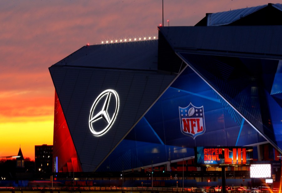 An exterior view of the Mercedes-Benz Stadium is seen on January 27, 2019 in Atlanta, Georgia. (Credit: Justin Heiman/Getty Images)