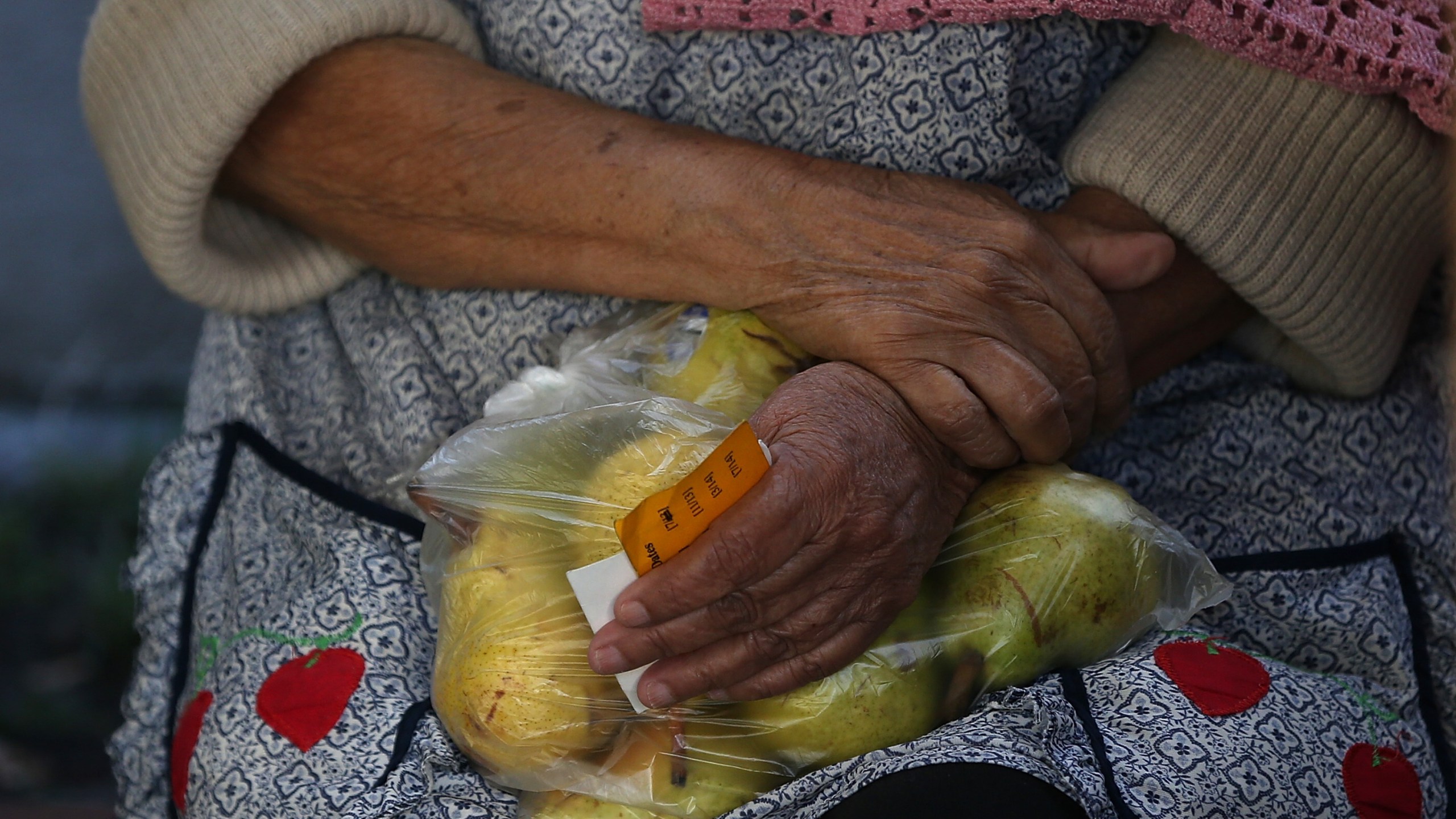 A woman holds a bag of pears as she waits in line to receive free food at the Richmond Emergency Food Bank on November 1, 2013 in Richmond, California. (Credit: Justin Sullivan/Getty Images)