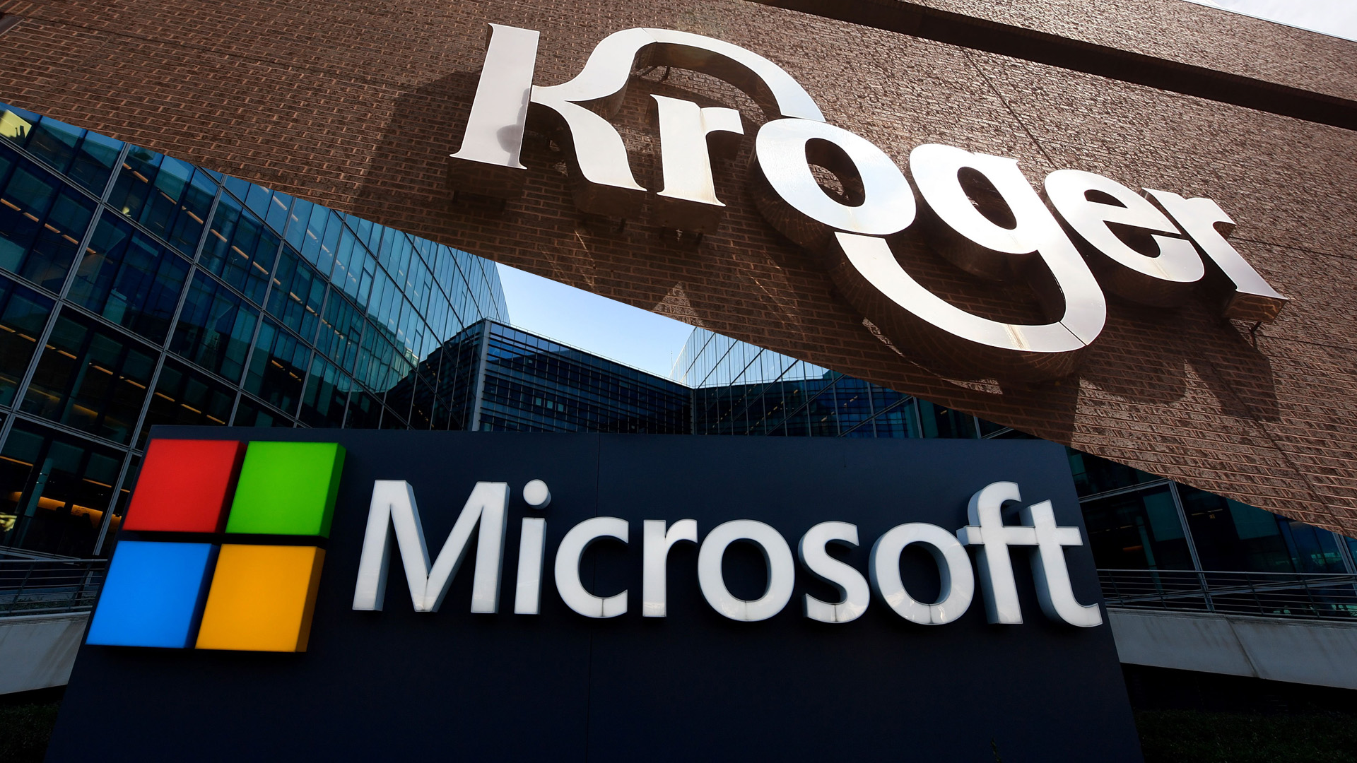 Signs identify Kroger and Microsoft outside the company headquarters. (Credit: Getty Images)