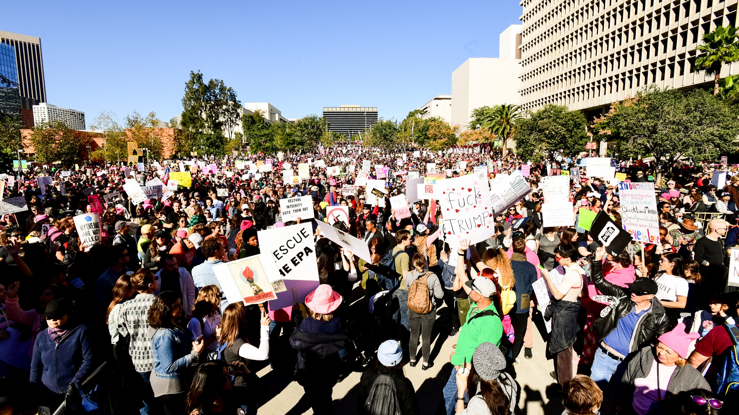 A view of the crowd at the women's march Los Angeles on Jan. 20, 2018 in Los Angeles. (Credit: Emma McIntyre/Getty Images)