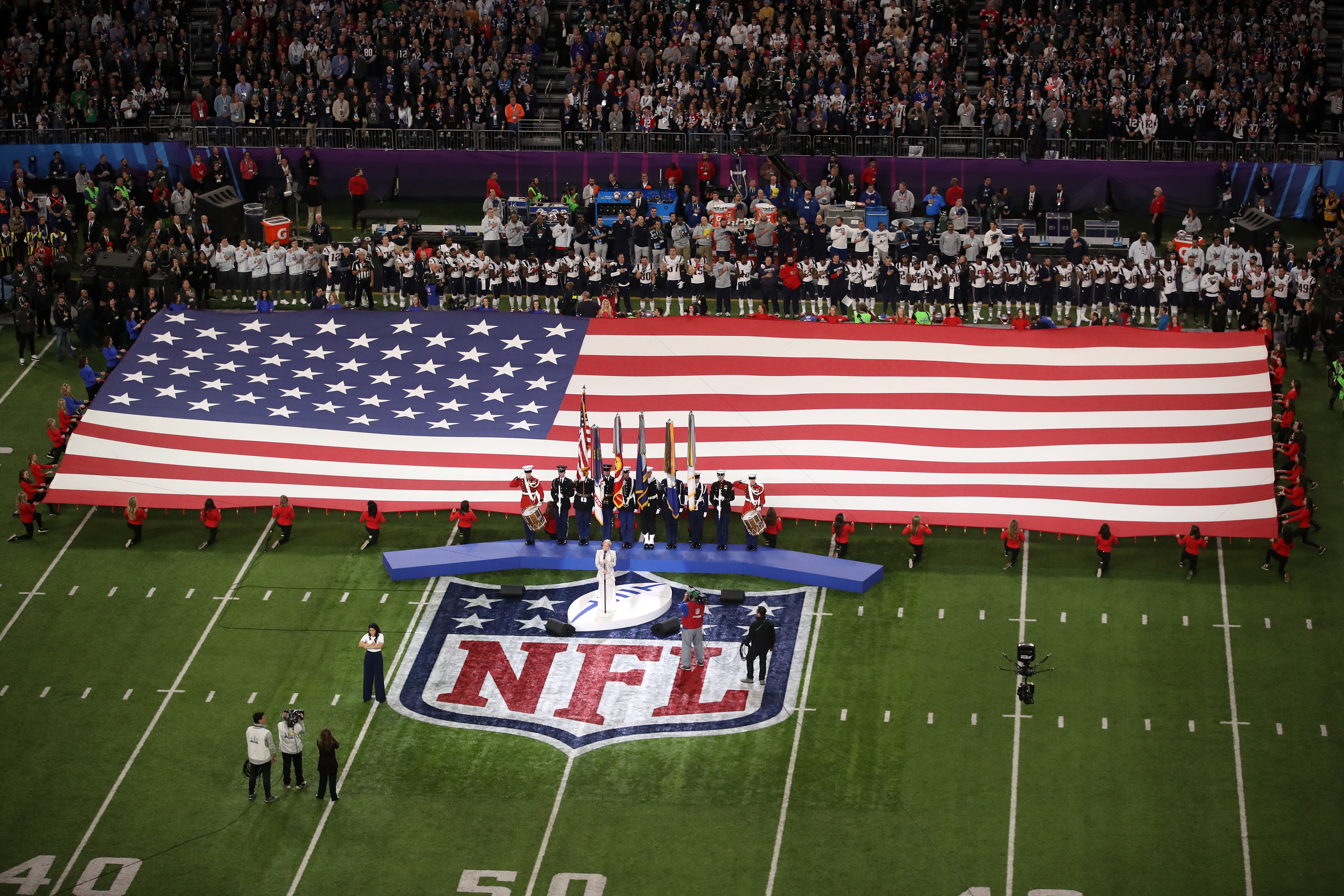 Pink sings the national anthem prior to Super Bowl LII between the New England Patriots and the Philadelphia Eagles at U.S. Bank Stadium in Minneapolis on Feb. 4, 2018. (Credit: Christian Petersen / Getty Images)