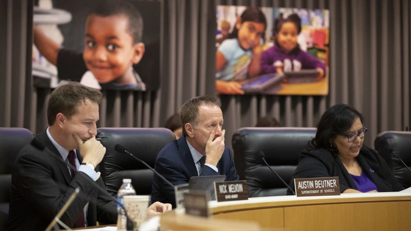 LAUSD board member Nick Melvoin, Austin Beutner and Monica Garcia appear in a meeting in this undated photo. (Credit: Allen J. Schaben / Los Angeles Times)