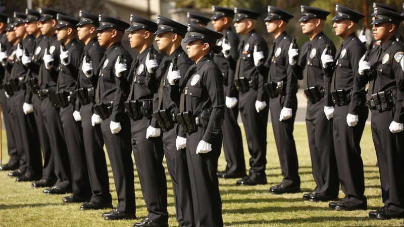 A graduation exercise for new officers at the Los Angeles Police Academy is seen in this photo from 2018. (Credit: Al Seib / Los Angeles Times)