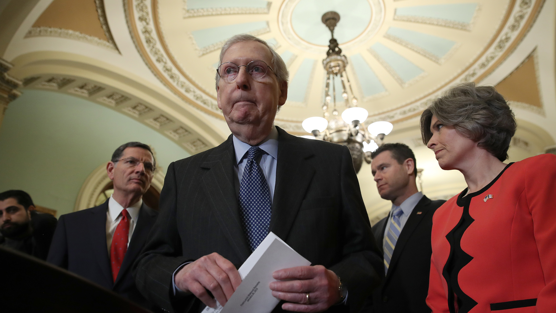 Senate Majority Leader Mitch McConnell arrives at a press conference at the U.S. Capitol following the weekly Republican policy luncheon on January 29, 2019. (Credit: Win McNamee/Getty Images)