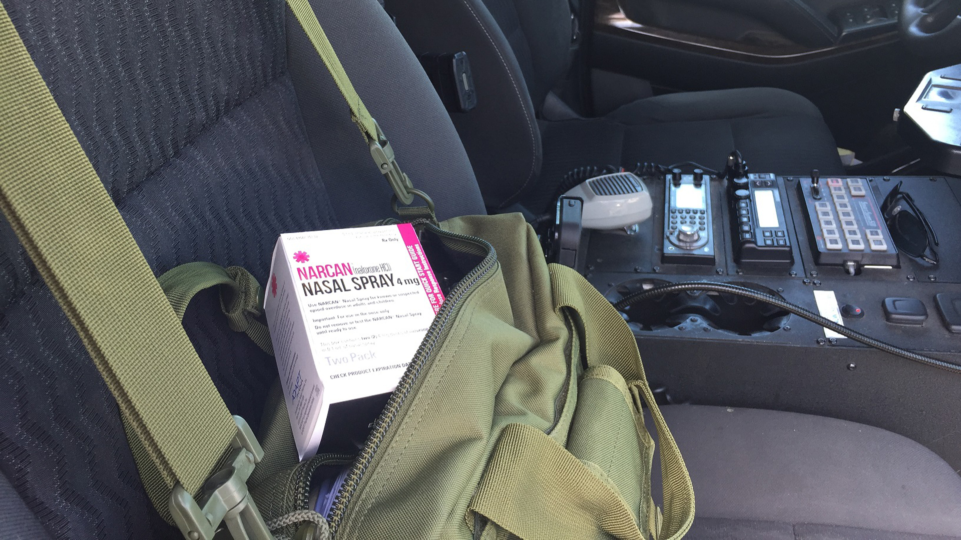 A package of Naloxone spray, used to combat the effects of opioid overdose, is seen in a Santa Barbara County Sheriff's Office patrol car in a photo released by the agency on Jan. 25, 2019.