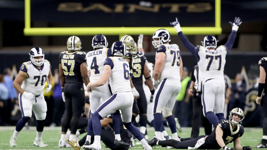 Greg Zuerlein #4 of the Los Angeles Rams celebrates after kicking the game winning field goal in overtime against the New Orleans Saints in the NFC Championship game at the Mercedes-Benz Superdome on January 20, 2019 in New Orleans. (Credit: Streeter Lecka/Getty Images)