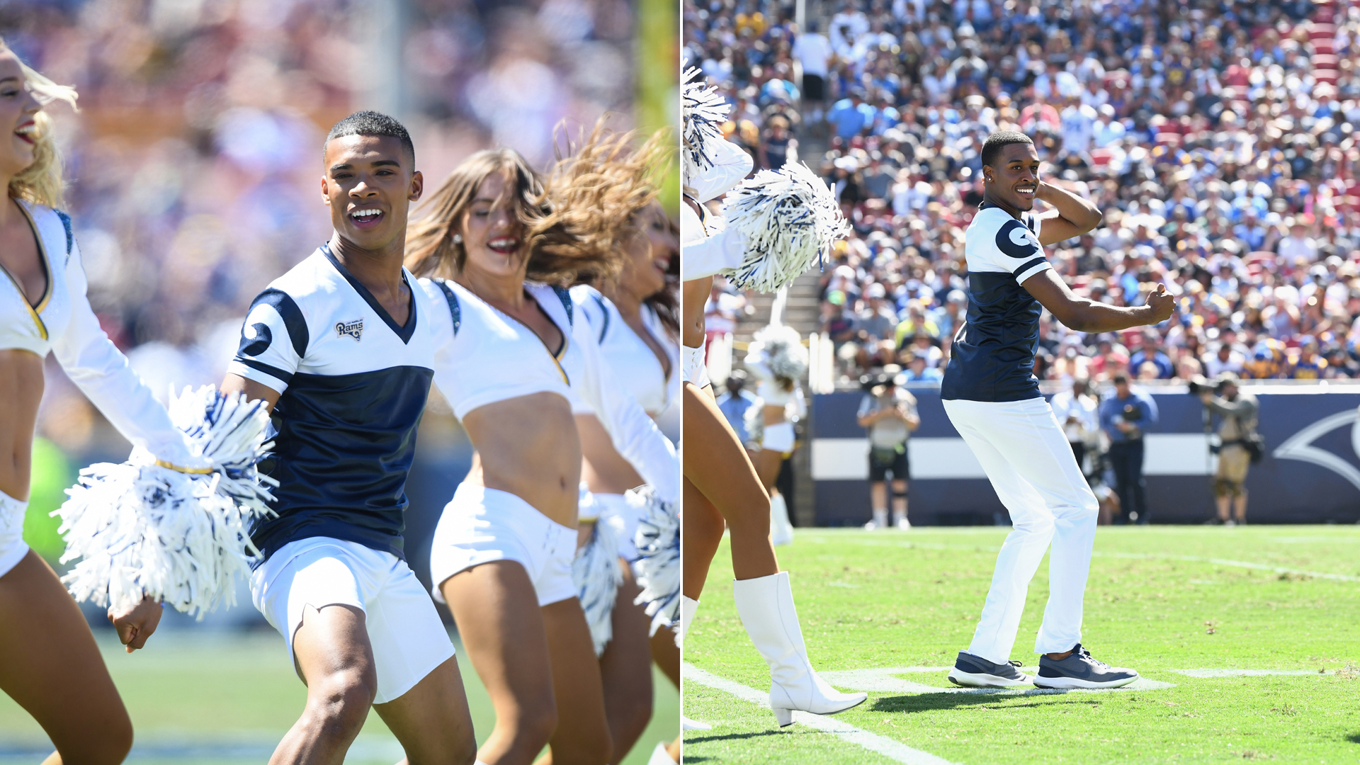 Right: Napoleon Jinnies dances during the game against the Arizona Cardinals at Los Angeles Memorial Coliseum on September 16, 2018; Left: Quinton Peron performs during halftime of the game against the Los Angeles Chargers at Los Angeles Memorial Coliseum on September 23, 2018. (Credit: Harry How/Getty Images)