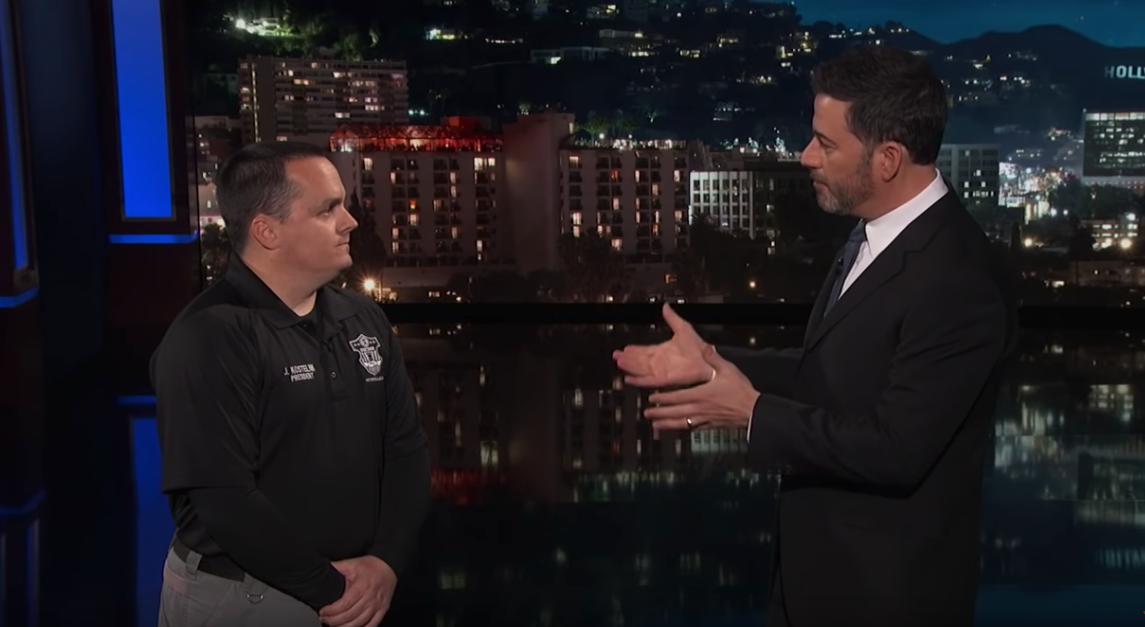 Jimmy Kimmel speaks to John Kostelnik, who is employed as a prison guard at the Federal Correctional Complex, on Jimmy Kimmel Live on Jan. 7, 2019. (Credit: Jimmy Kimmel Live on YouTube)