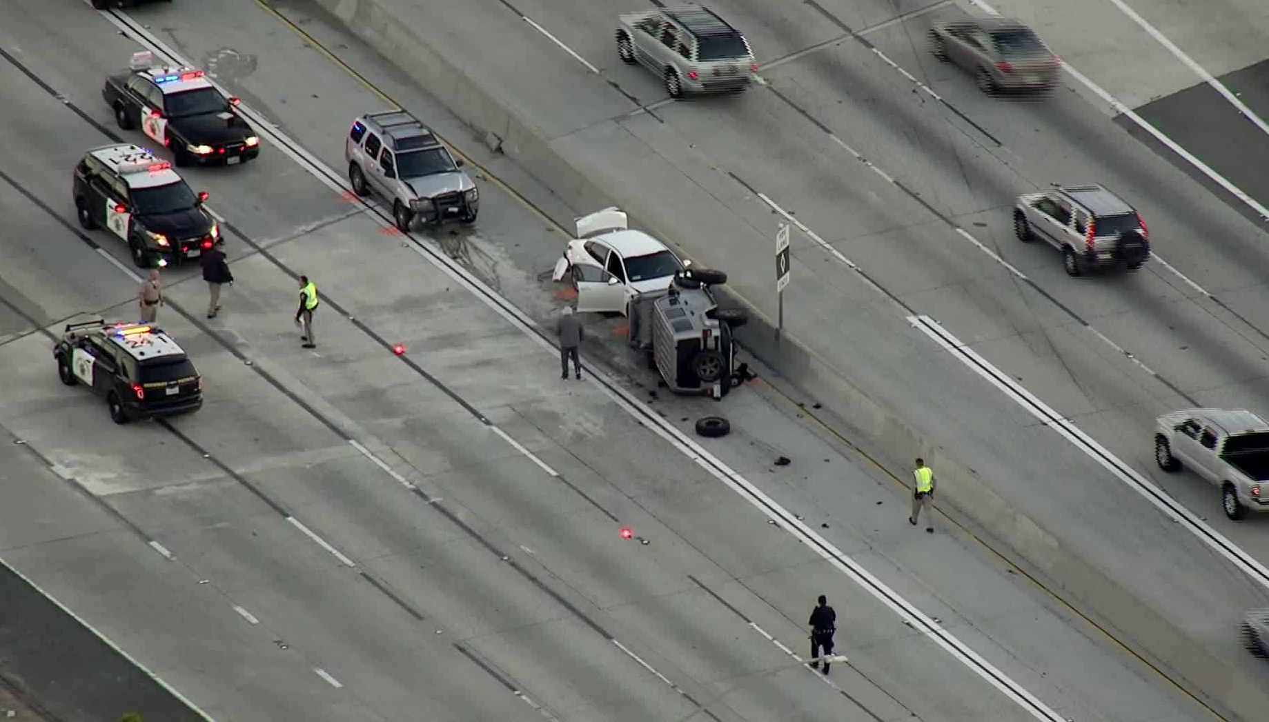 A multivehicle crash is seen on the 605 Freeway in Baldwin Park on Feb. 6, 2019. (Credit: KTLA)