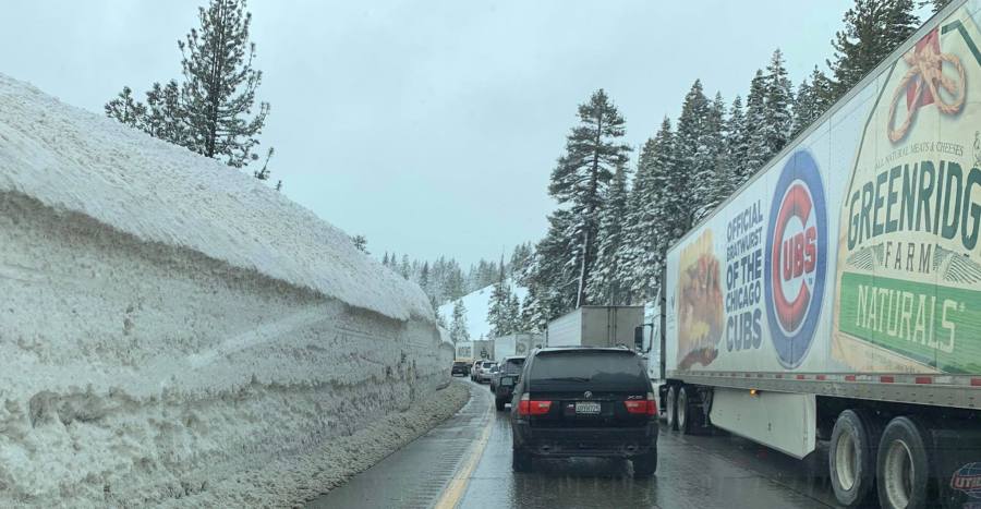 Vehicles drive through Interstate 80 in the Donner Pass area of the Sierra Nevada west of Truckee on Feb. 28, 2019. (Credit: California Highway Patrol Truckee Division/ Facebook)