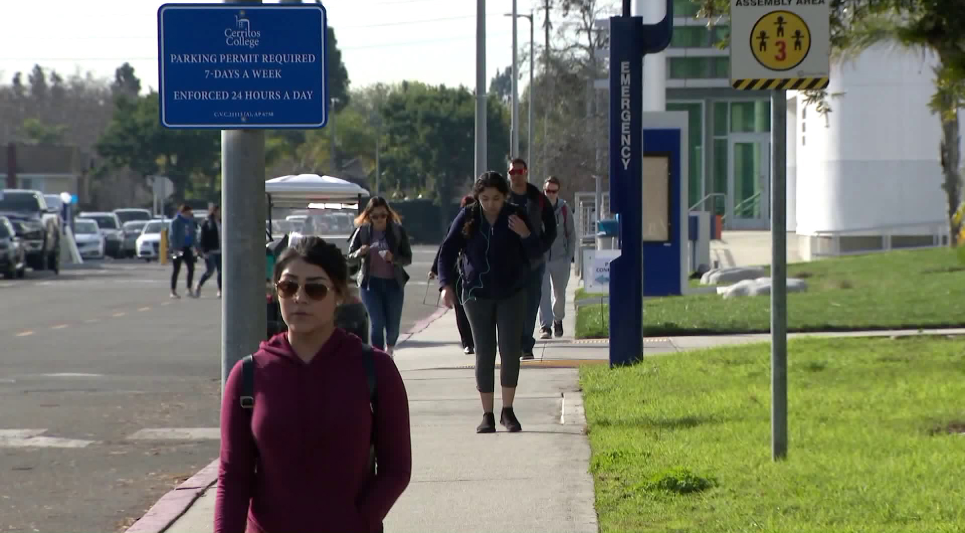 Students walk around Cerritos College in Norwalk on Feb. 12, 2019. (Credit: KTLA)