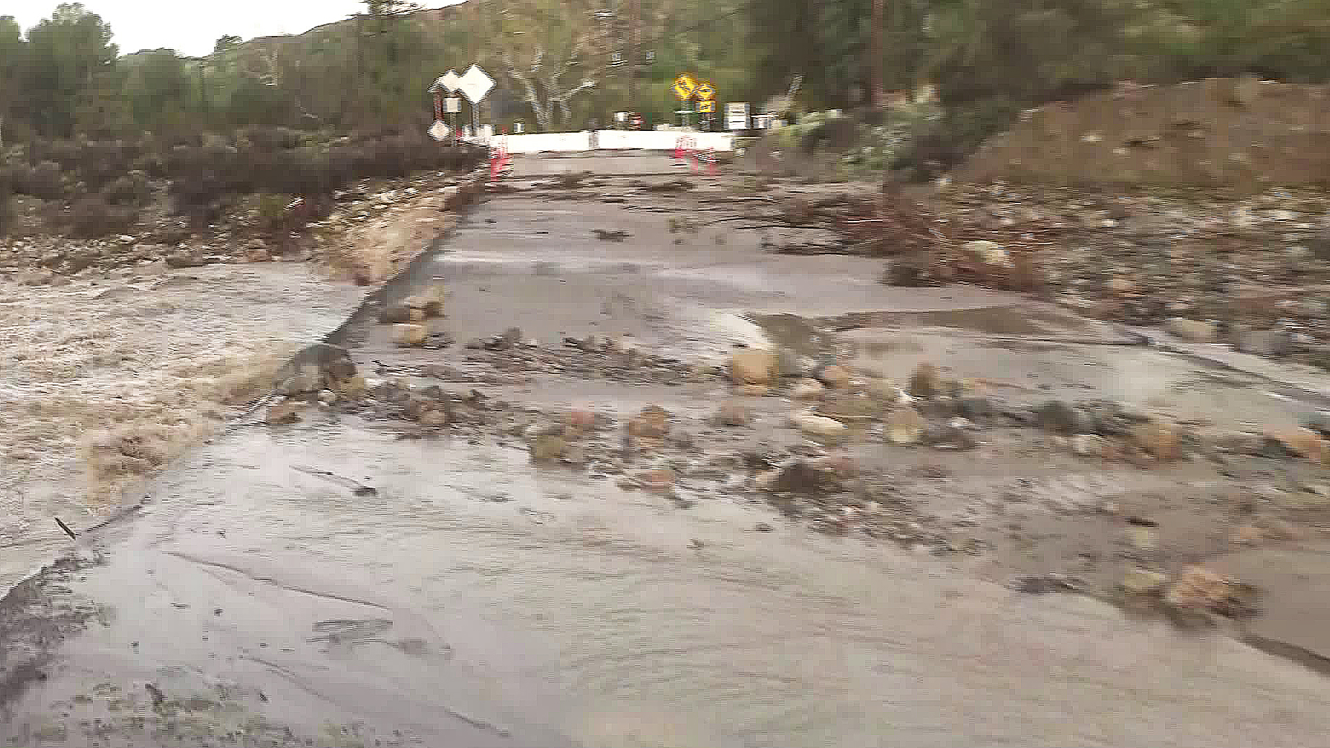 A closed road is seen in Trabuco Canyon on Feb. 15, 2019. (Credit: KTLA)