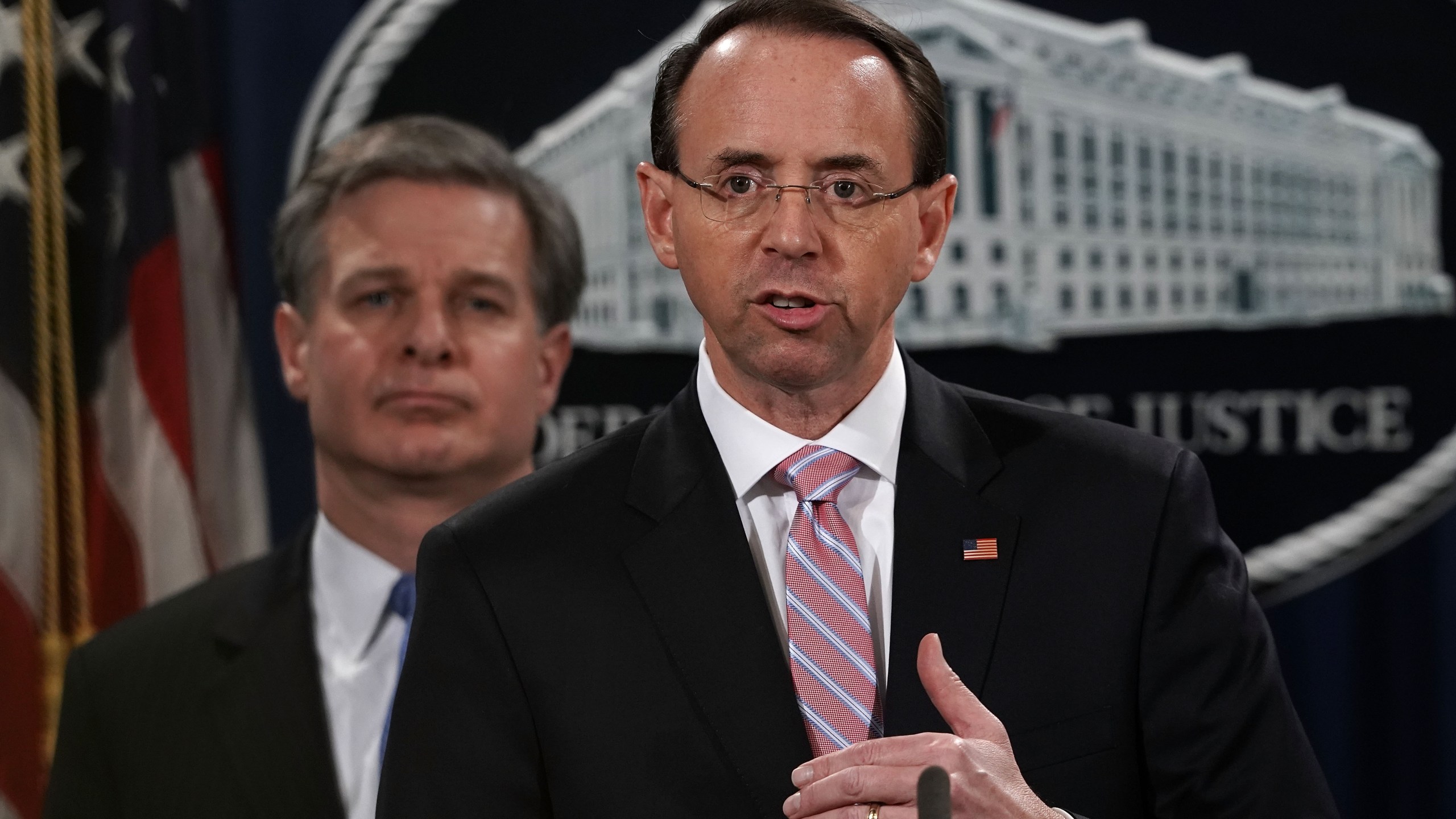 Deputy Attorney General Rod Rosenstein speaks during a news conference at the Justice Department to announce a China-related national security law enforcement action on Dec. 20, 2018. (Credit: Alex Wong / Getty Images)