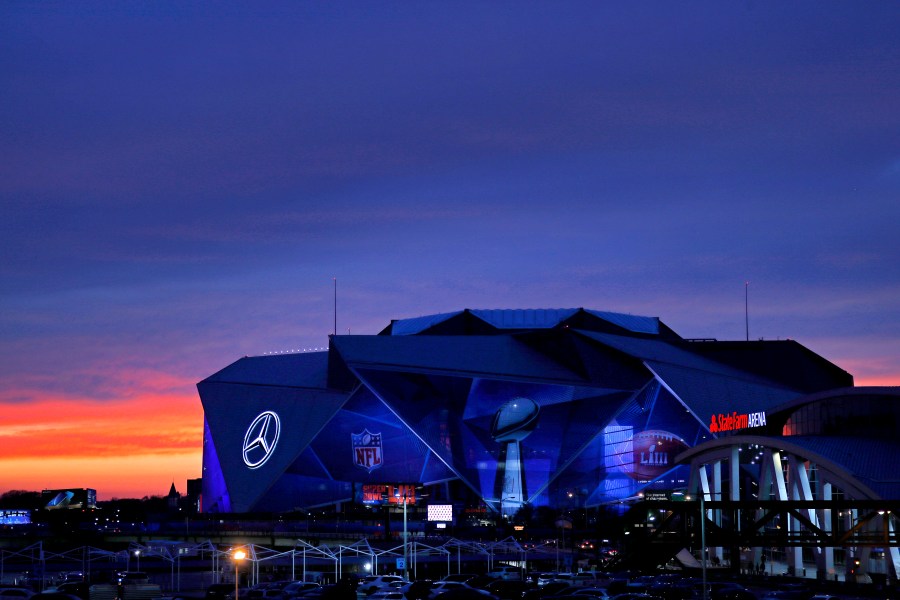 An exterior view of the Mercedes-Benz Stadium is seen on January 27, 2019 in Atlanta, Georgia. (Credit: Justin Heiman/Getty Images)