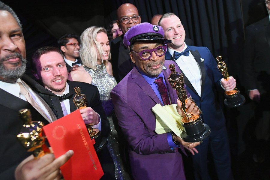 In this handout provided by A.M.P.A.S., Spike Lee (second from right), pose with the Best Adapted Screenplay award for "BlacKkKlansman" backstage during the 91st Annual Academy Awards at the Dolby Theatre on Feb. 24, 2019 in Hollywood. (Credit: Matt Petit - Handout/A.M.P.A.S. via Getty Images)