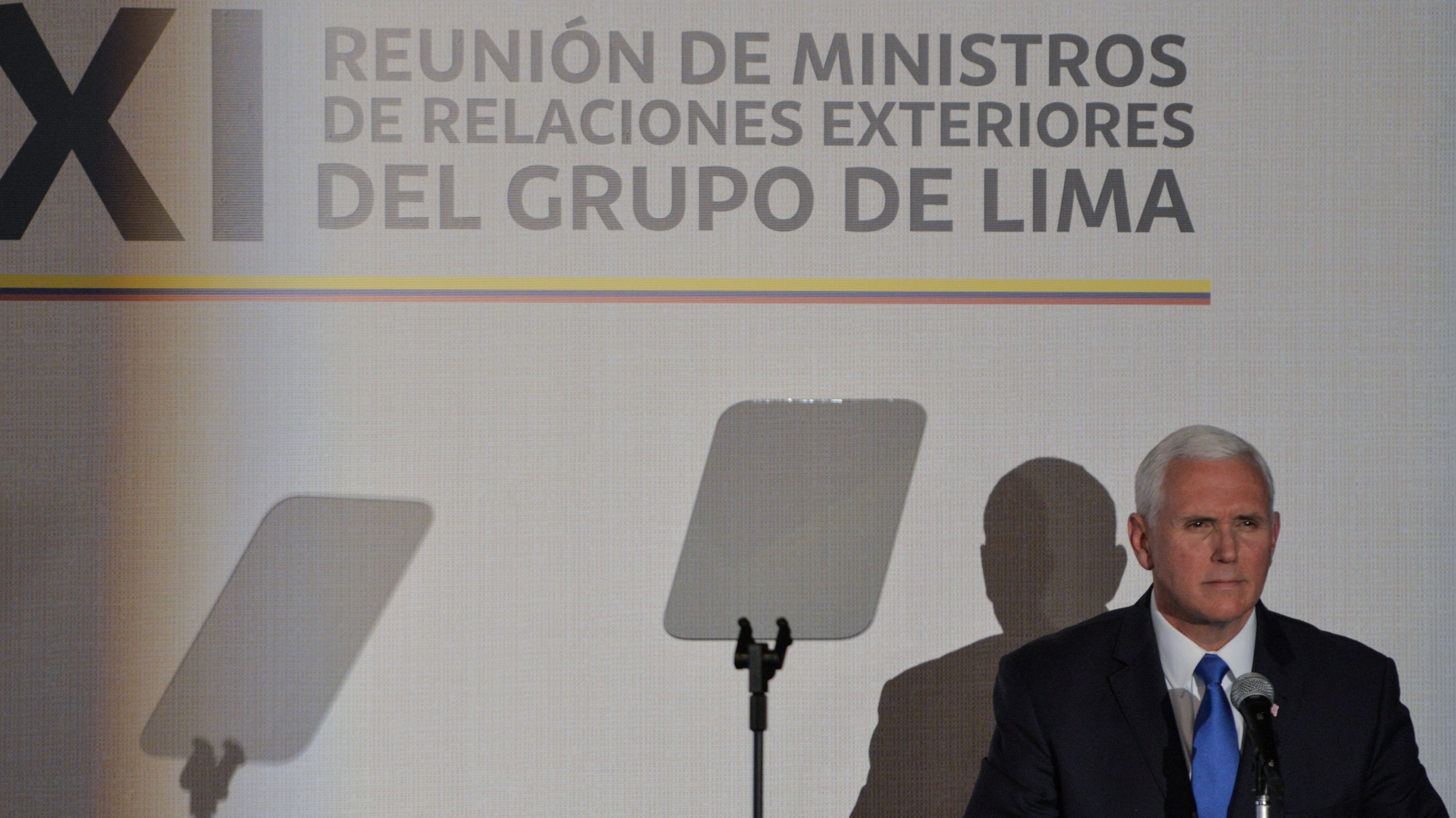 Vice President Mike Pence delivers a speech during a meeting with Foreign Ministers of the Lima Group, Venezuelan opposition leader and self-declared acting president Juan Guaido and other Latin American leaders at Colombia's Foreign Affairs Ministry in Bogota, on February 25, 2019. (Credit: DIANA SANCHEZ/AFP/Getty Images)