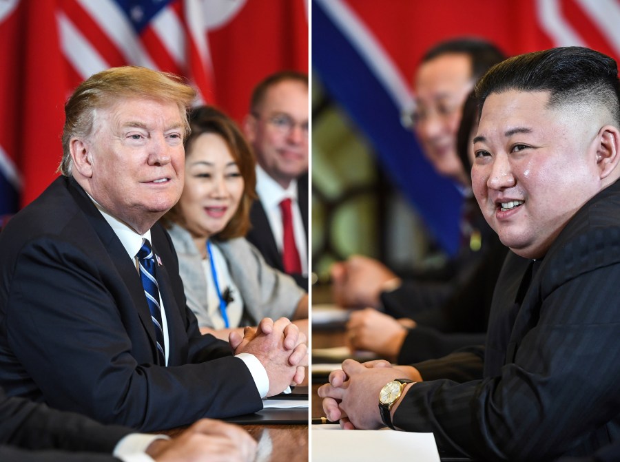 This combination of pictures made and taken on February 28, 2019, shows U.S. President Donald Trump (L) and North Korea's leader Kim Jong Un (R) smiling during a bilateral meeting at the second US-North Korea summit at the Sofitel Legend Metropole hotel in Hanoi. (Credit: Saul Loeb/AFP/Getty Images)