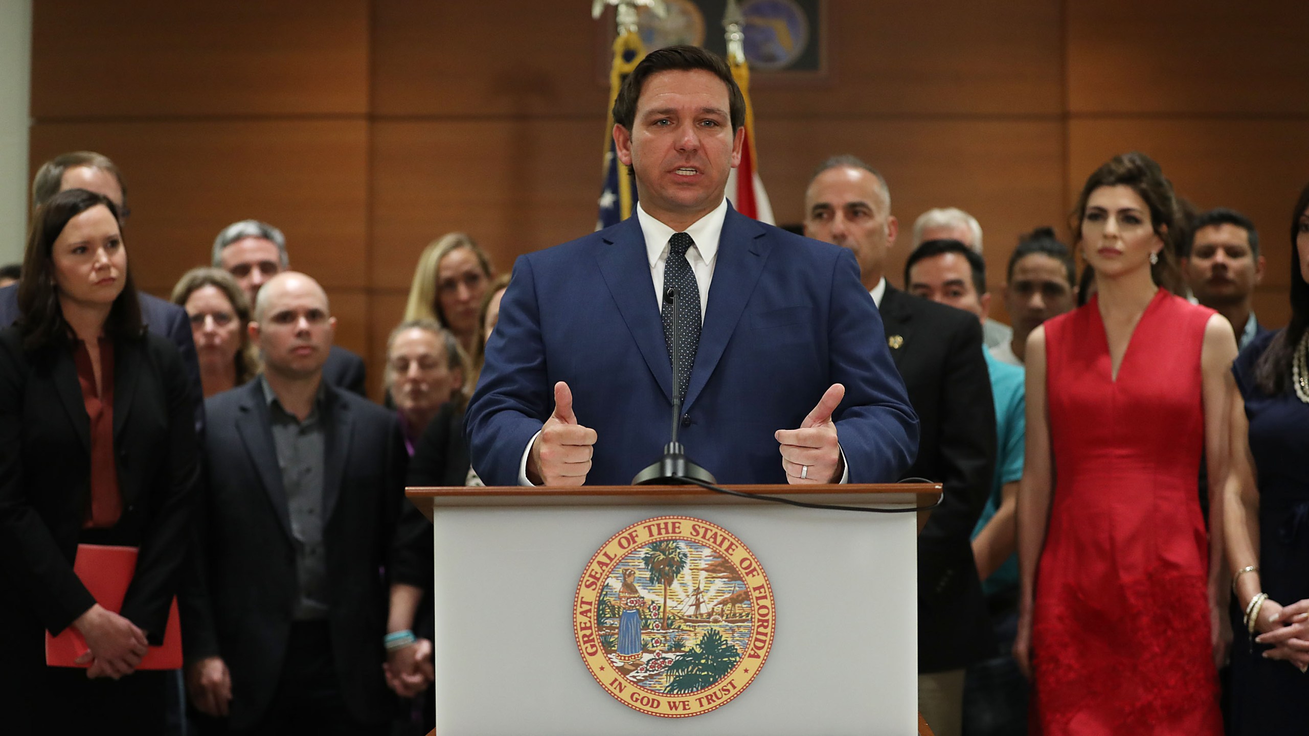 Gov. Ron DeSantis announces that he is ordering a statewide grand jury investigation into how school districts in the state handle student security on Feb. 13, 2019, in Fort Lauderdale. (Credit: Joe Raedle/Getty Images)