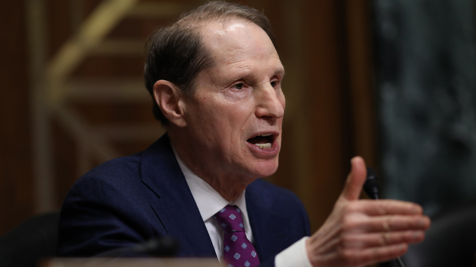 Sen. Ron Wyden asks questions to a panel of pharmaceutical company CEOs during a hearing held by the Senate Finance Committee on Feb. 26, 2019, in Washington, D.C. (Credit: Win McNamee/Getty Images)