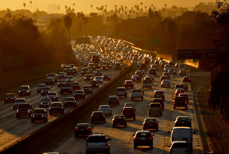 Heavy traffic clogs the 101 Freeway in Los Angeles as people leave work for the Labor Day holiday on Aug. 29, 2014. (Credit: Mark Ralston / AFP / Getty Images)