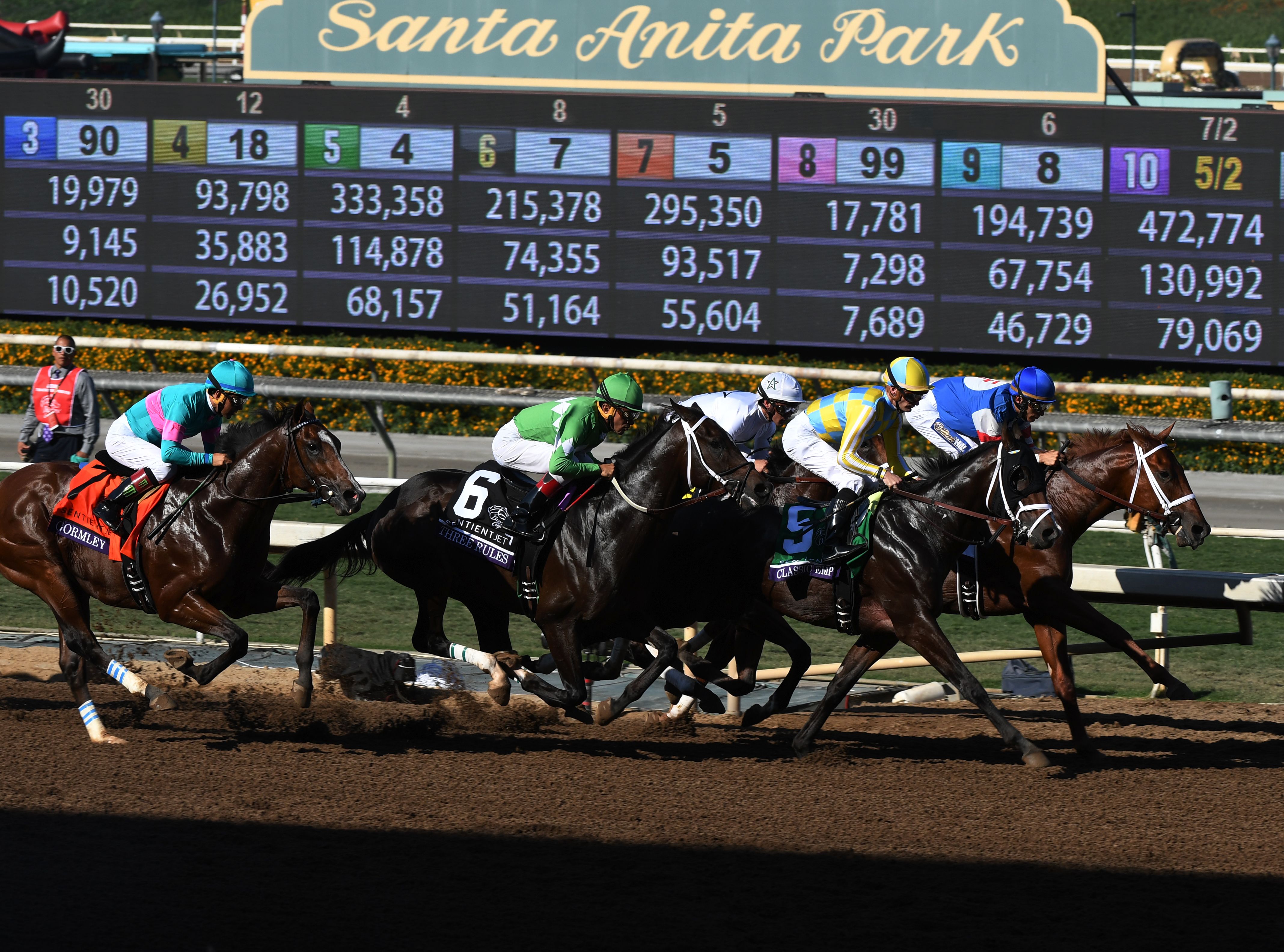 Horses dash at the start of the Sentient Jet Breeders' Cup Juvenile race during the 2016 Breeders' Cup World Championships at the Santa Anita racetrack in Arcadia on Nov. 5, 2016. (Credit: MARK RALSTON/AFP/Getty Images)