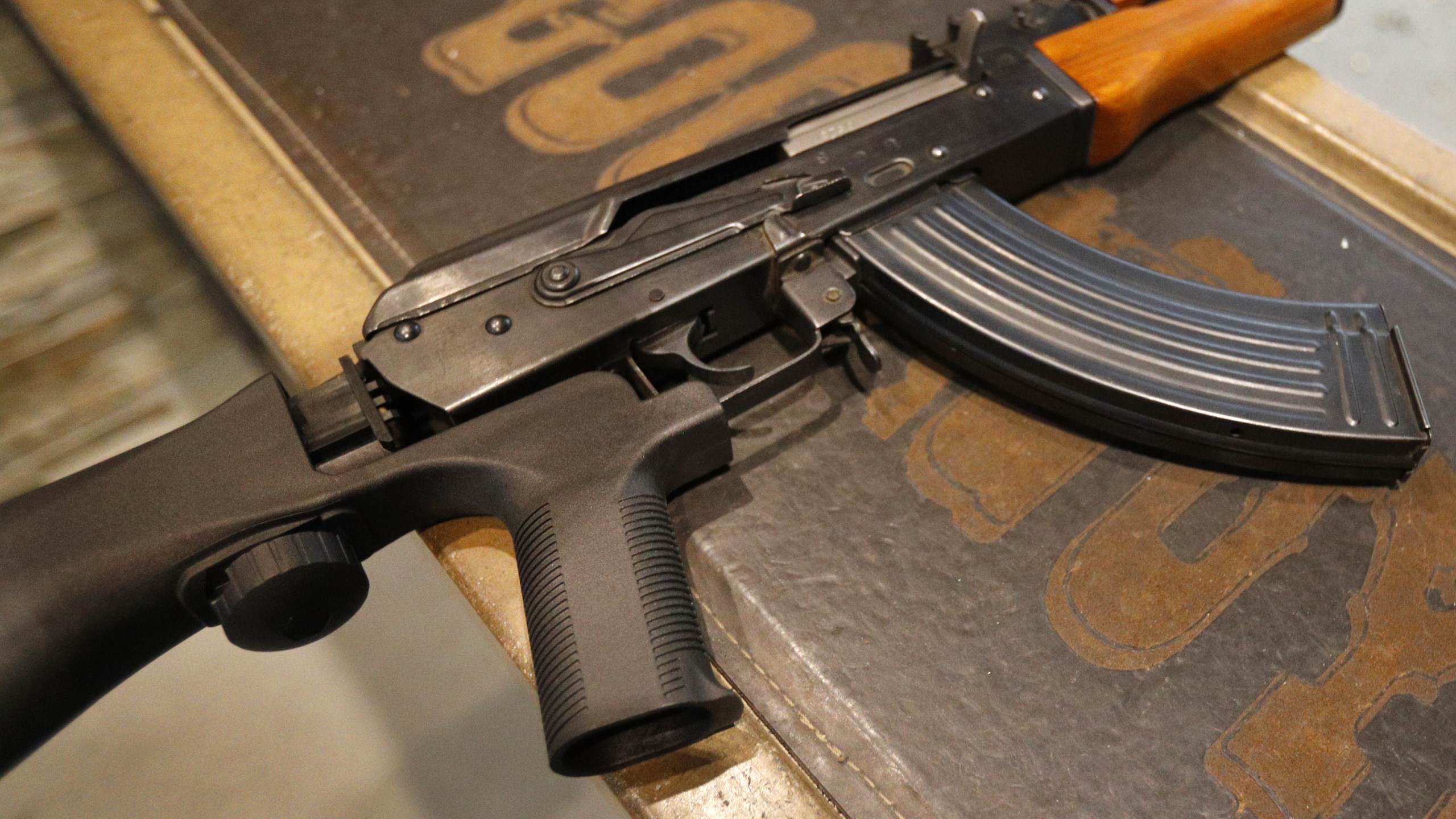 A bump stock is installed on an AK-47 with a 30 round magazine at Good Guys Gun and Range on February 21, 2018 in Orem, Utah. (Credit: George Frey/Getty Images)