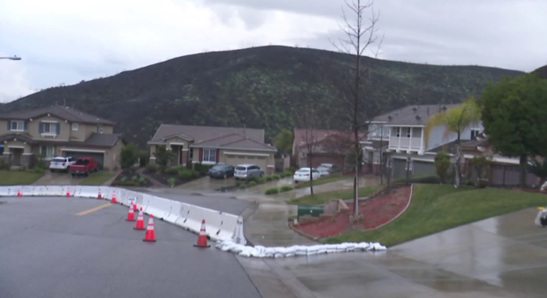 A wet street in Lake Elsinore is seen on Feb. 2, 2019. (Credit: KTLA)