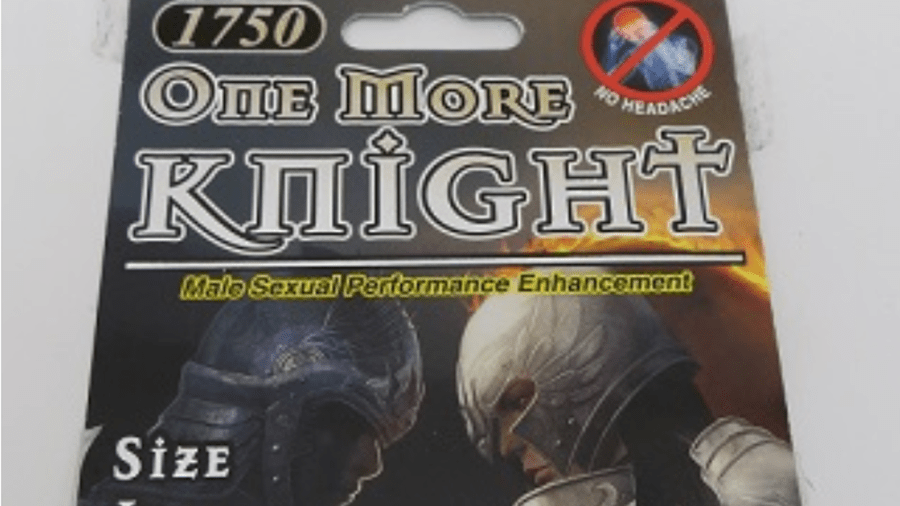 "One More Knight" sexual enhancement pill packaging appears in a photo provided by the Food and Drug Administration on Feb. 21, 2018.