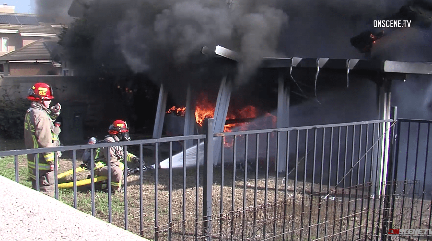 Chino Valley Firefighters working to put out a fire at a home in chino on Feb 23, 2019. (Credit: Onscene TV)